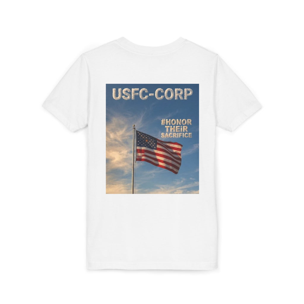 USFC-CORP "HONOR THEIR SACRIFICE Youth T‑Shirt - US Flag "Honor Their Sacrifice" Memorial Tee