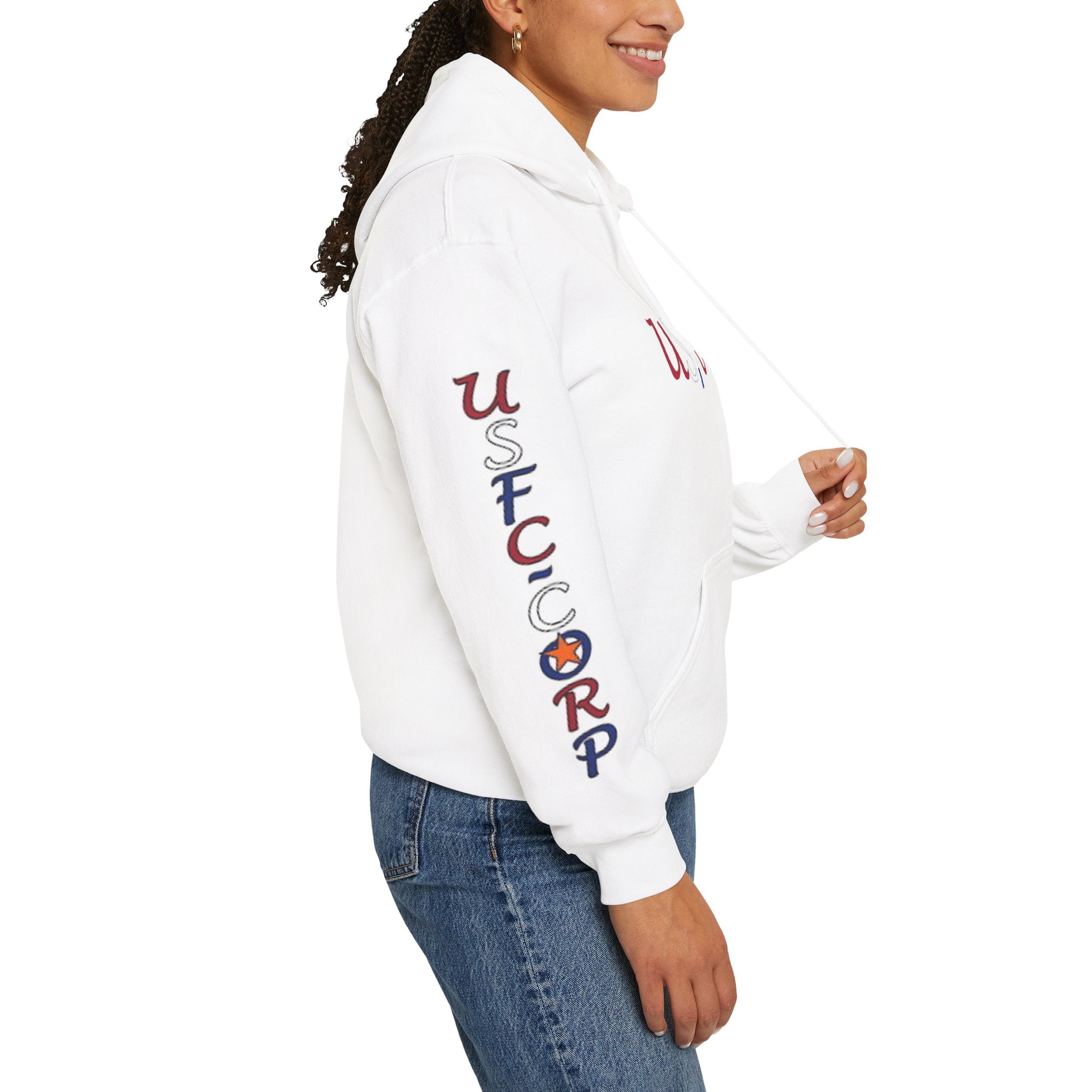 USFC-CORP Graphic Hoodie — Patriotic Flag Sleeve Streetwear