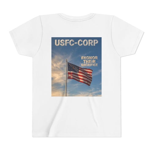 USFC-CORP "HONOR THEIR SACRIFICE Youth T‑Shirt - US Flag "Honor Their Sacrifice" Memorial Tee