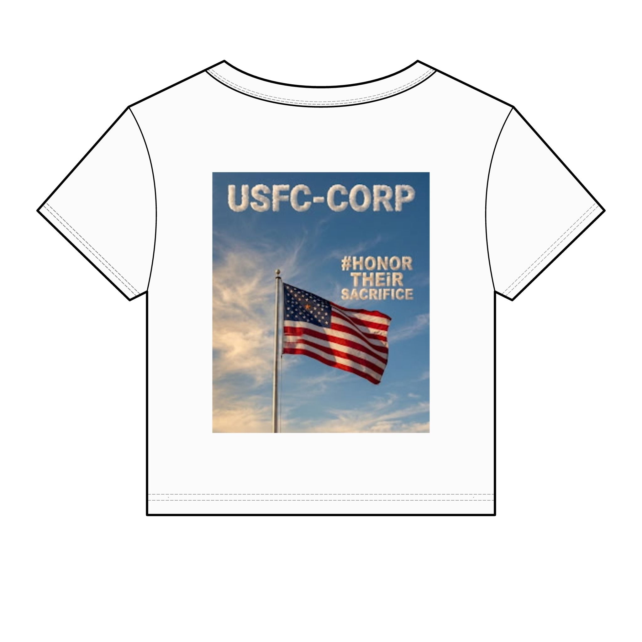 USFC-Corp Women's Flag Graphic Baby Tee — Honor Their Sacrifice Patriotic Crop Top