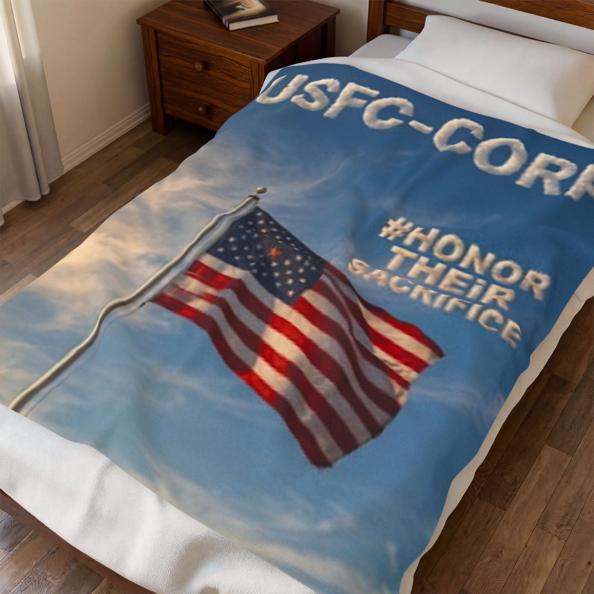 USFC-CORP American Flag Velveteen Plush Blanket – “#Honor Their Sacrifice” Memorial Throw